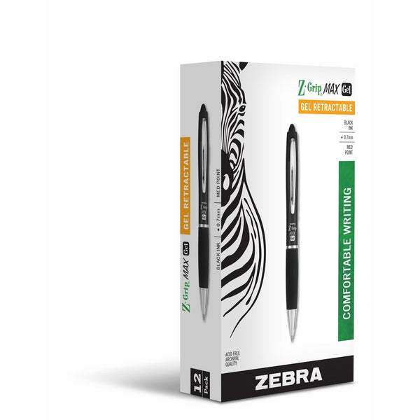 Zebra Z-Grip MAX Gel Retractable Ballpoint Rollerball Pen, Medium Point, 0.7mm, Black, 12-Count