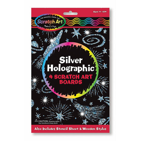 Melissa & Doug Scratch Art Silver Holographic Boards - 4 Boards, Stencil Sheet