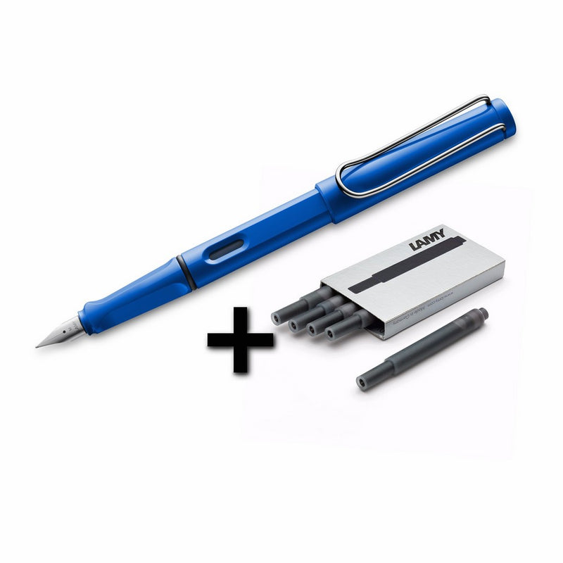 Lamy Safari Fountain Pen (14F) Sky Blue 5 Black Ink Cartridges
