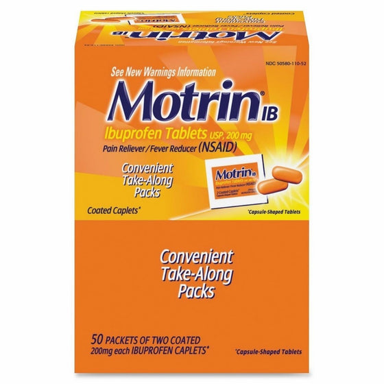 Motrin Ibuprofen Individually Wrapped Medication, 50 Doses of Two Tablets, 200mg 2 Boxes by Acme United