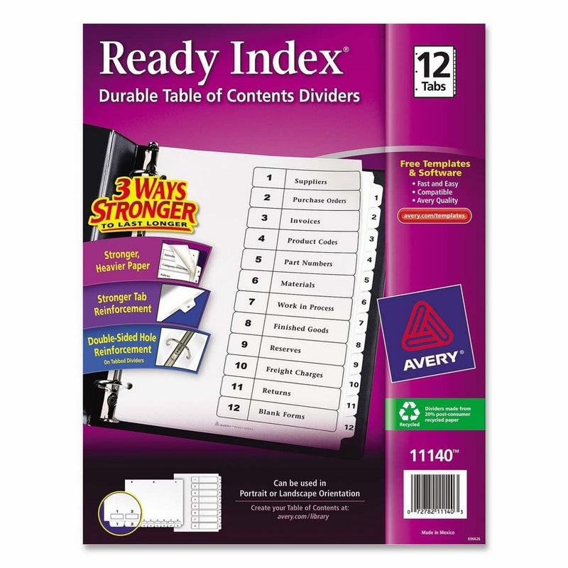 Avery Ready Index Table of Contents Dividers, Black/White, 12-Tab Set (11140)