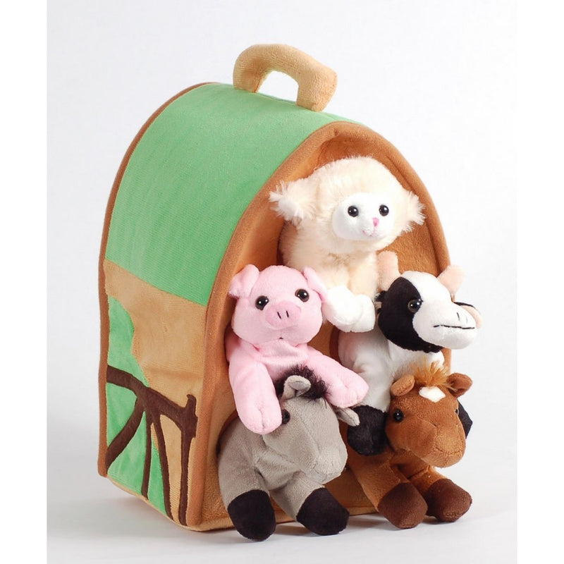 Plush Farm House with Animals- Five (5) Stuffed Farm Animals (Horse, Lamb, Cow, Pig, Grey Horse) in Play Farm House