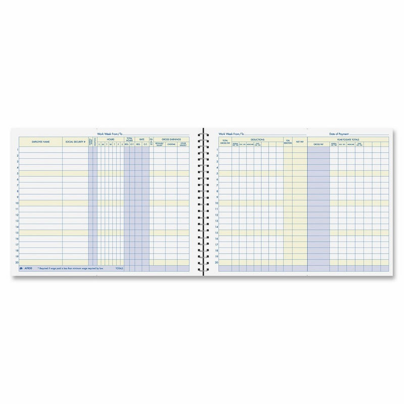 Adams Weekly Payroll Record, 20 Employee Capacity, Spiral Binding, 11 x 8.5 Inches, White, (AFR50)