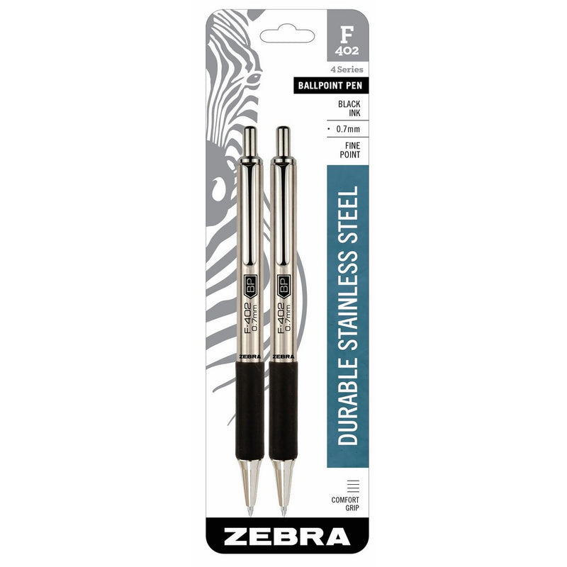 Zebra Pen 29212 Zebra F-402 Ballpoint Stainless Steel Retractable Pen, Fine Point, 0.7mm, Black Ink, 2-Count