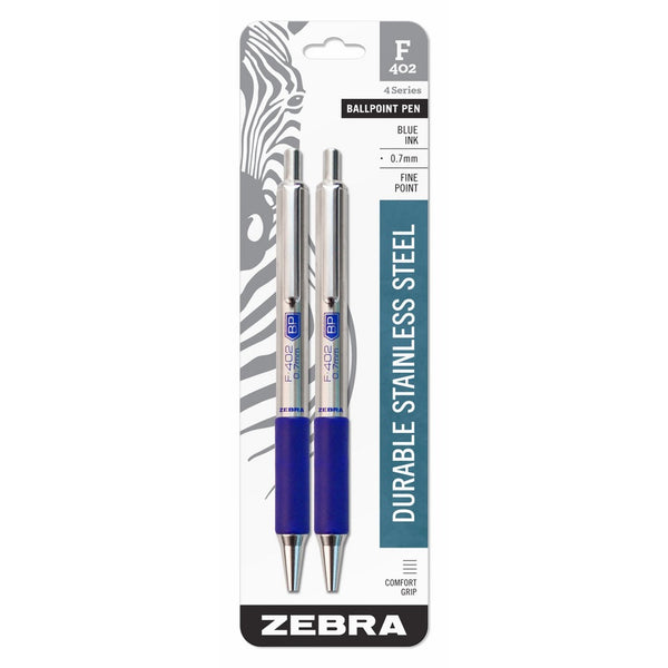 Zebra F-402 Ballpoint Stainless Steel Retractable Pen, Fine Point, 0.7mm, Blue Ink, 2-Count