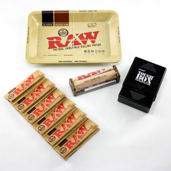 RAW Mini Rolling Tray  79mm RAW Roller  RAW 1 1/4 Size Rolling Papers  Laramie Cigarette Case Bundle / Kit