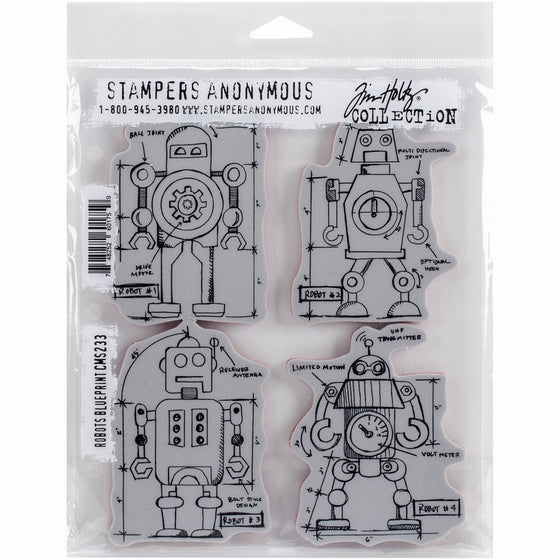 Stampers Anonymous Tim Holtz Cling Rubber Robots Blueprint Stamp Set, 7 x 8.5"