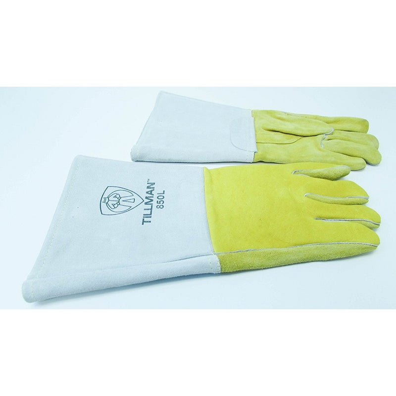John Tillman and Co 850L 14" Top Grain Elk Cotton/Foam Lined Welders Gloves with Straight Thumb, Stiff Cowhide Cuff, Welted Fingers, Kevlar Stitching and Pull Tab (Carded), Large, Gold