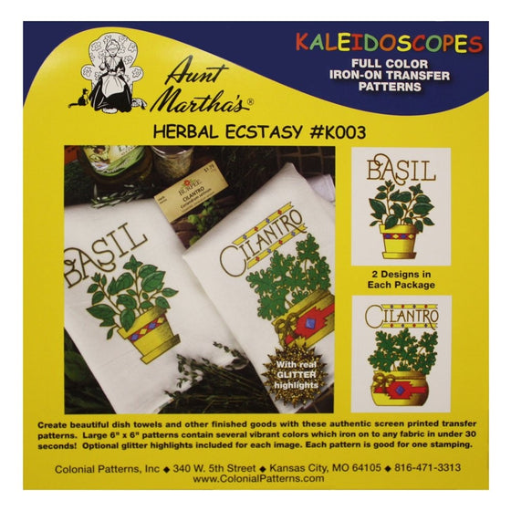 Aunt Martha's Herbal Ecstasy Kaleidoscopes, Full Color Iron On Screenprinted Patterns, Basil and Cilantro Themes