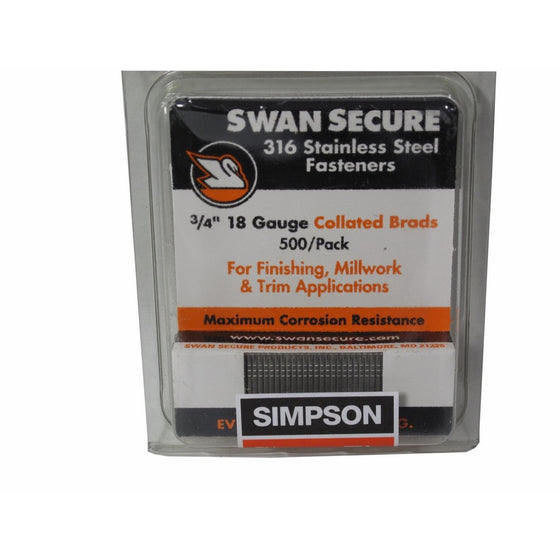 Simpson Swan Secure T18N075FNB 18-Gauge 316 Stainless Steel 3/4-Inch Brad Nails, 500 Per Box