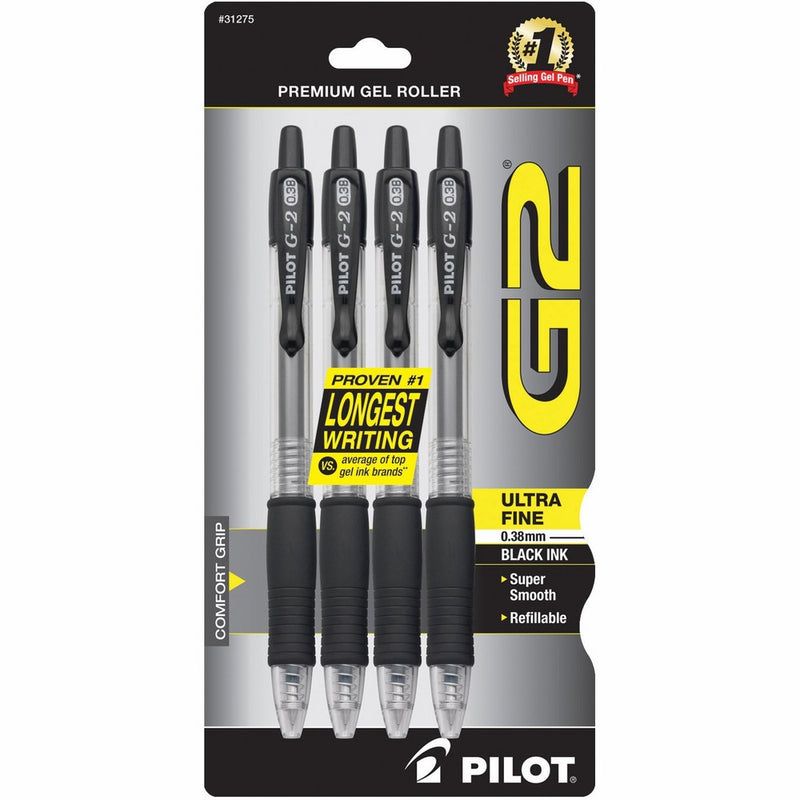 Pilot G2 Retractable Premium Gel Ink Roller Ball Pens, Ultra Fine Point, 4-Pack, Black Ink (31275)