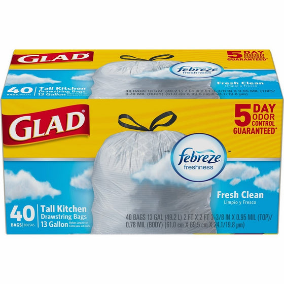 Glad OdorShield Tall Kitchen Drawstring Trash Bags - Febreze Fresh Clean - 13 Gallon - 40 count (Packaging May Vary)