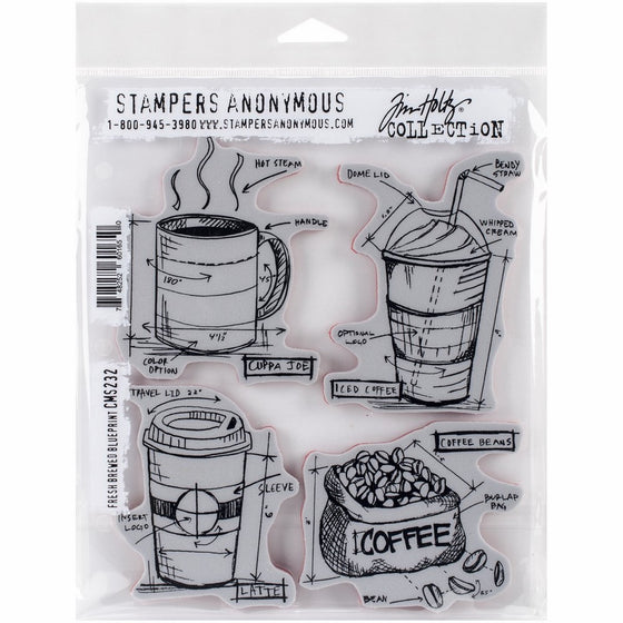 Stampers Anonymous Tim Holtz Cling Rubber Fresh Brewed Blueprint Stamp Set, 7 x 8.5"