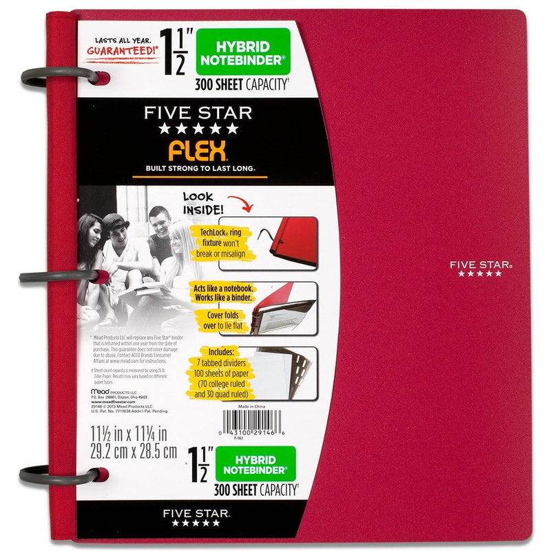 Five Star Flex Hybrid Notebinder, 1-1/2 Inch Binder, Notebook and Binder All-in-One, Red (72399)