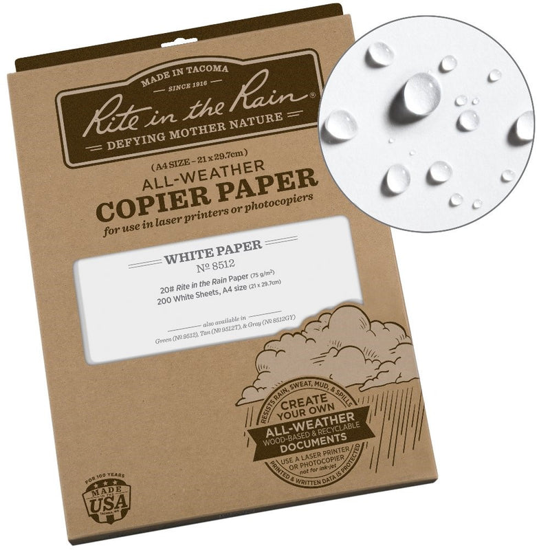 Rite in the Rain Weatherproof Laser Printer Paper, A4 Paper Size 21 x 29.7cm, 20# White, 200 Sheet Pack (No. 8512)