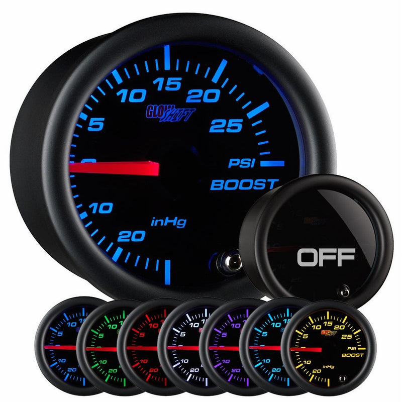 GlowShift 52mm Tinted 7 Color 0-30 inHg/0-30 PSI Boost/Vacuum Gauge for Car Truck - 7 Color LED Backlighting - Black Face - Tinted Lens