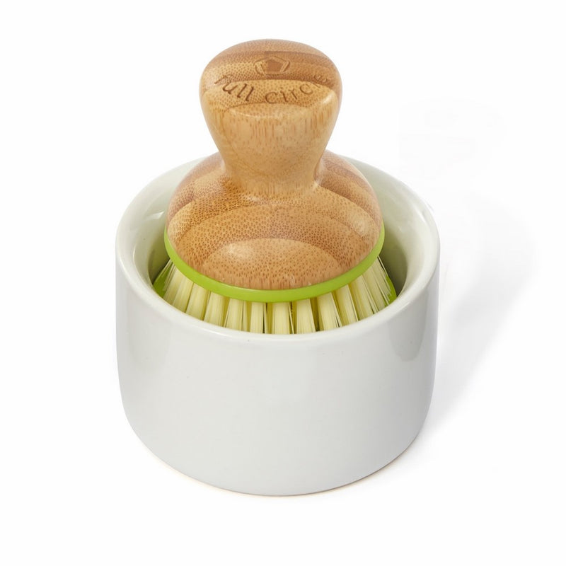 Full Circle Bubble Up Ceramic Soap Dispenser & Dish Brush w Bamboo Handle, Green/White