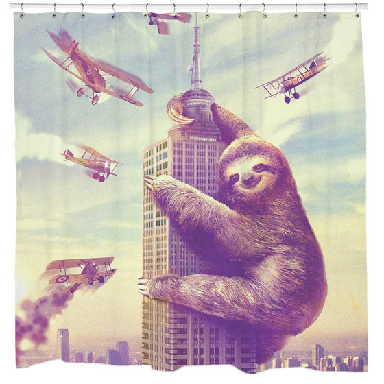 Slothzilla Funny Waterproof Shower Curtain of Sloth Climbing in New York 72x72 Inches 12 Hooks Included
