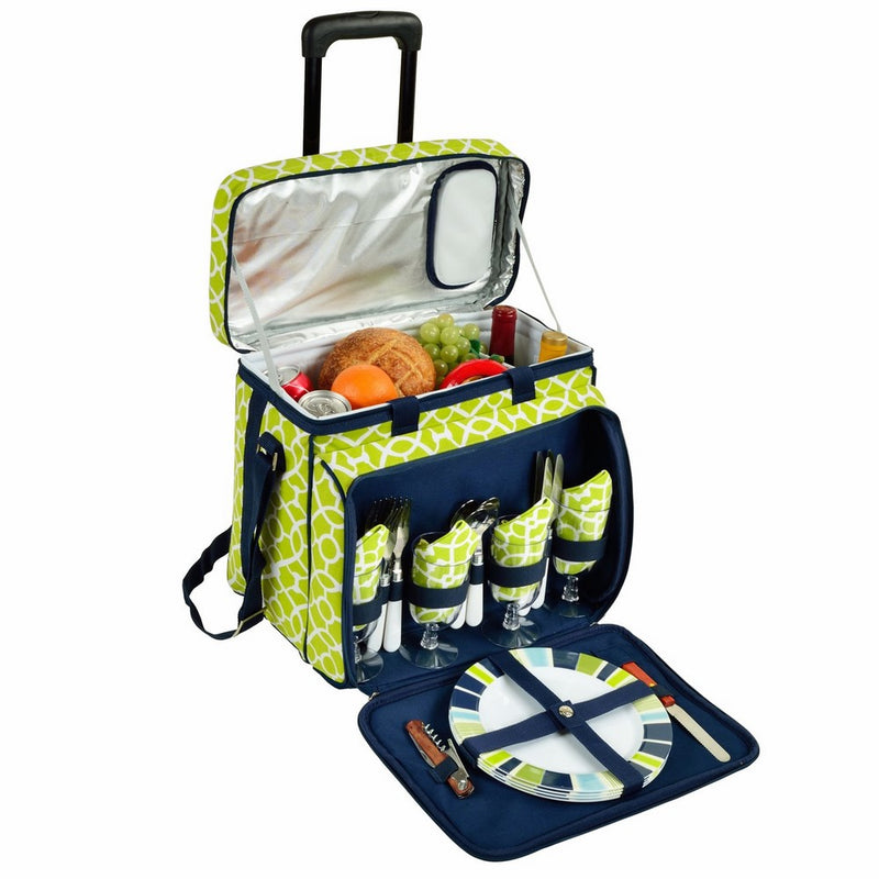 Picnic at Ascot Equipped Picnic Cooler with Service for 4 on Wheels - Trellis Green