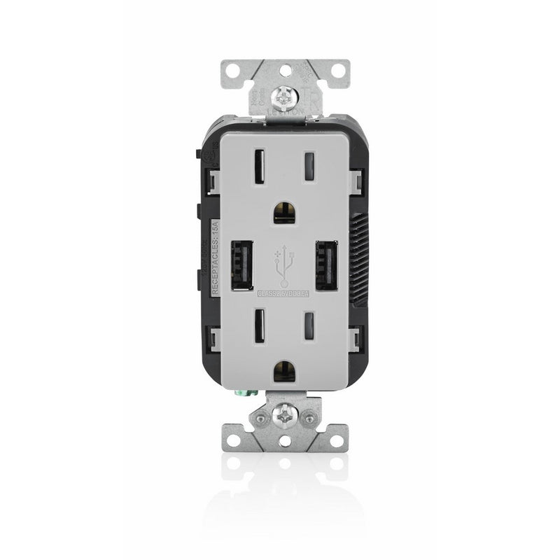 Leviton T5632-GY USB Charger/Tamper-Resistant Duplex Receptacle, 15-Amp, Gray