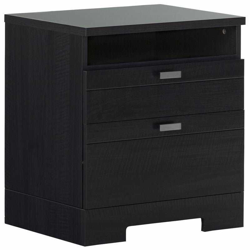 South Shore 10260 Reevo Nightstand with Drawers & Cord Catcher, Black Onyx