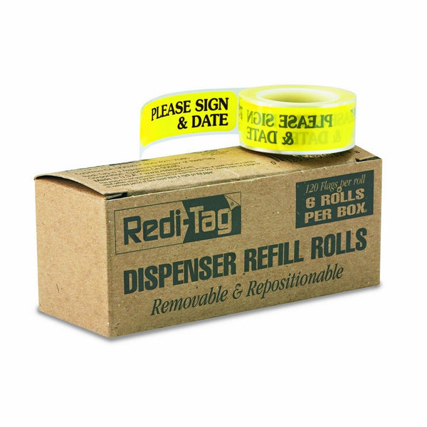 Redi-Tag 91032 Arrow Message Page Flag Refills, "Please Sign & Date", Yellow, 120 per Roll (Box of 6 Rolls)