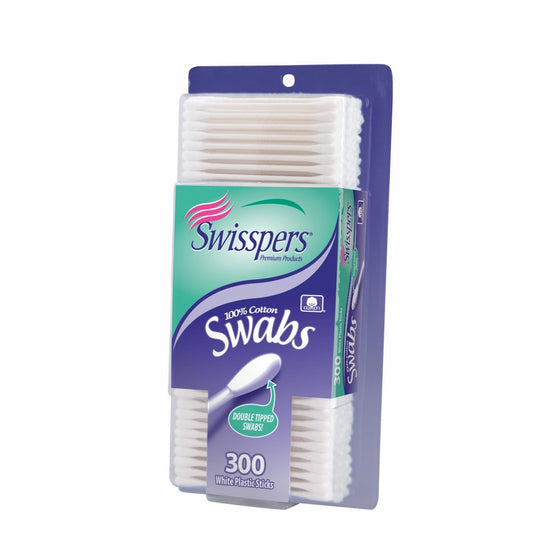 Swisspers Cotton Swabs, 100% Cotton Double-Tipped, White Plastic Sticks, 300 Count Package