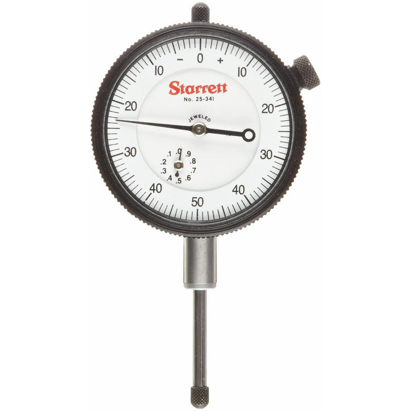 Starrett 25-341J Dial Indicator, 0.375" Stem Dia., Lug-on-Center Back, White Dial, 0-50-0 Reading, 0-1" Range, 0.001" Graduation