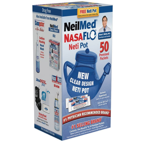 NeilMed NasaFlo Unbreakable Neti Pot with 50 Premixed Packets