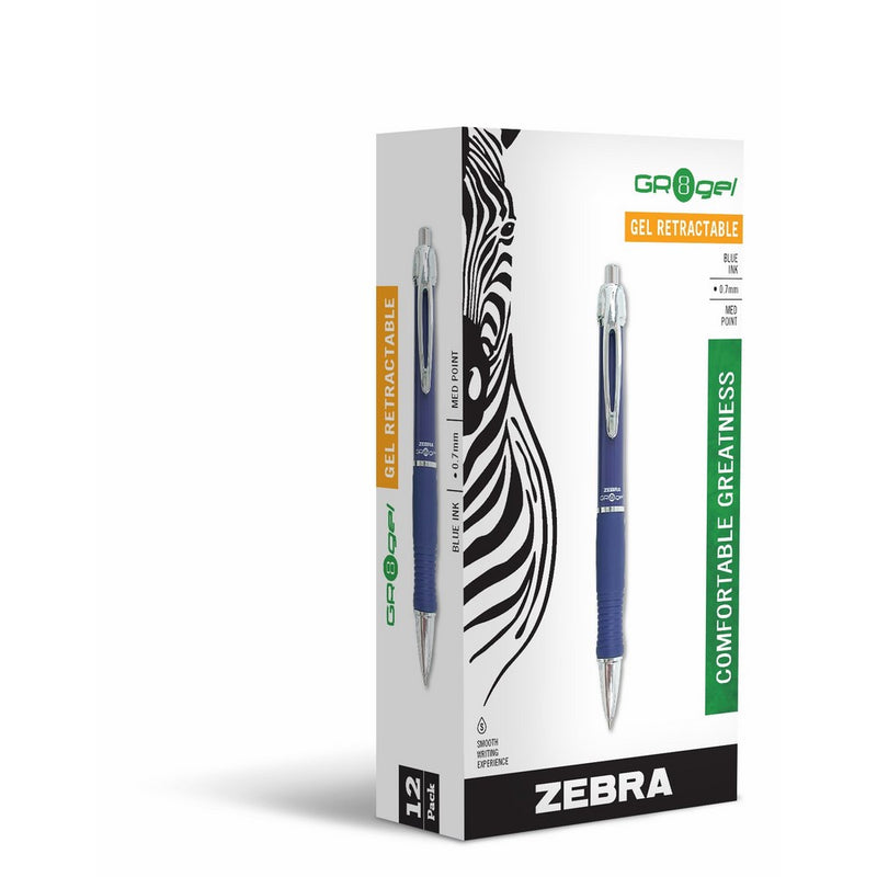 Zebra GR8 Retractable Gel Pen, Medium Point, 0.7mm, Blue Barrel, Acid-Free Blue Ink, 12-Count