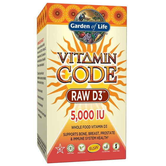 Garden of Life Raw D3 Supplement - Vitamin Code Whole Food Vitamin D3 5000 IU, Dairy and Gluten Free, Vegetarian, 60 Capsules (Color May Vary - Now with Organic Green Cracked Wall Chlorella)