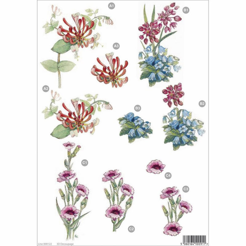 3d Die-Cut Decoupage Sheet 8.3"X11.69"-Floral: Spike Flower, Blue Bell & Pinks