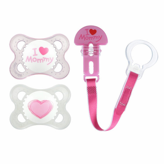 MAM Love & Affection Orthodontic Pacifier with Clip Value Pack, I Love Mommy, Girl 0-6 Months, 2-Count