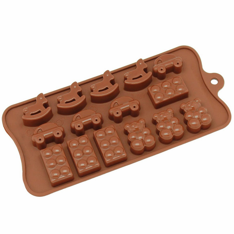 Freshware CB-614BR 15-Cavity Silicone Toy, Car, Block and Bear Chocolate, Candy and Gummy Mold