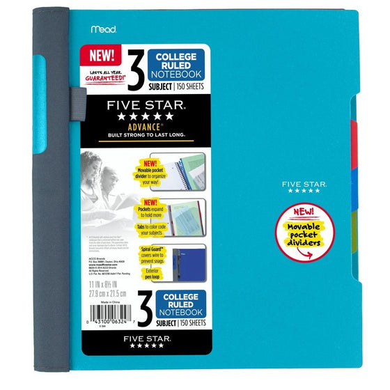 Five Star Advance Spiral Notebook-Standard Size, 3-Subject, 150 College-Ruled Sheets, 11 x 8.5 Inch Sheet Size, Teal (73140)