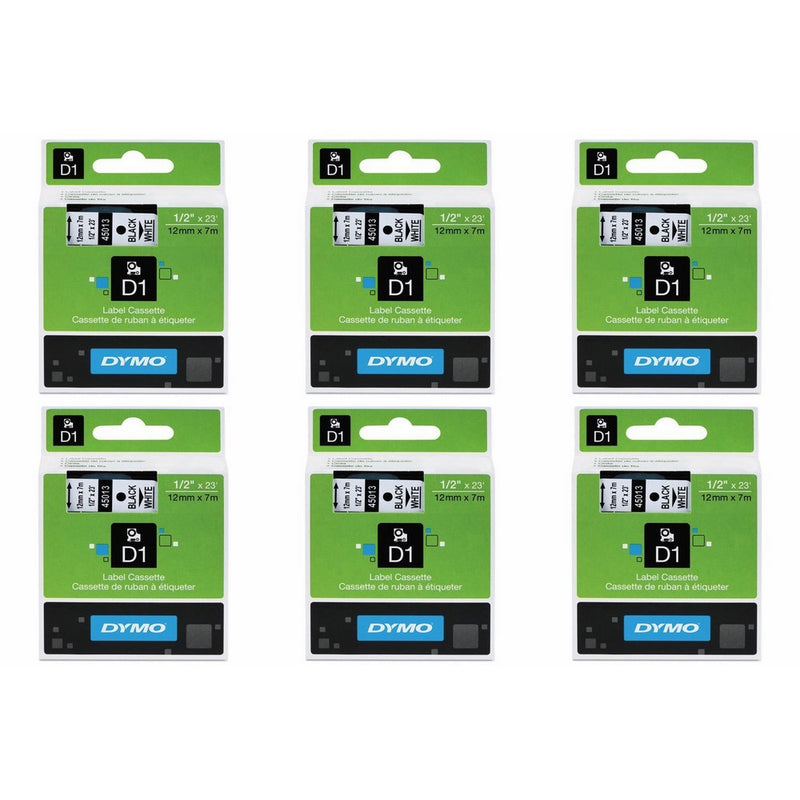 Dymo D1 Standard Tape Cartridge, 1/2in x 23ft, Black on White Tape Cartridge, Pack of 6