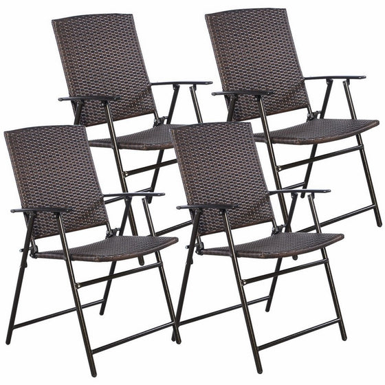 TANGKULA 4 PCS Folding Patio Chair Set Outdoor Pool Lawn Portable Wicker Chair with Armrest & Footrest Durable Rattan Steel Frame Commercial Foldable Stackable Party Wedding Chair Set (24X23X37)