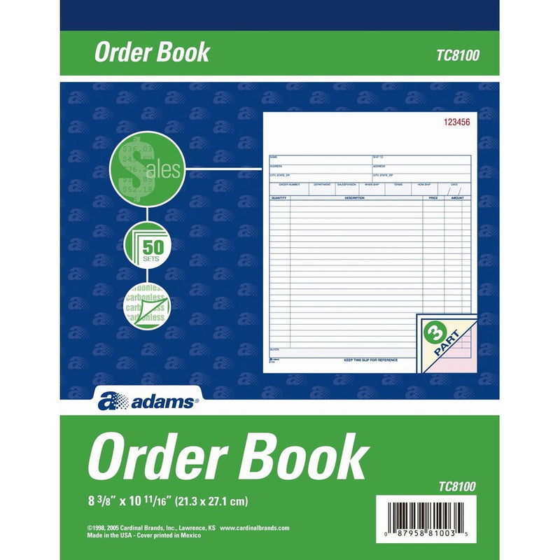 Adams Order Book, 8.38 x 10.69 Inch, 3-Part, Carbonless, 50 Sets, White, Canary, Pink (TC8100)