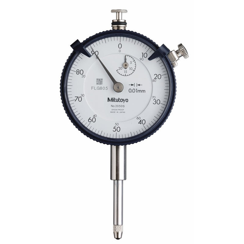Mitutoyo 2050S Dial Indicator, M2.5X0.45 Thread, 8mm Stem Dia., Lug Back, White Dial, 0-100 Reading, 57mm Dial Dia., 0-20mm Range, 0.01mm Graduation, /-0.02mm Accuracy