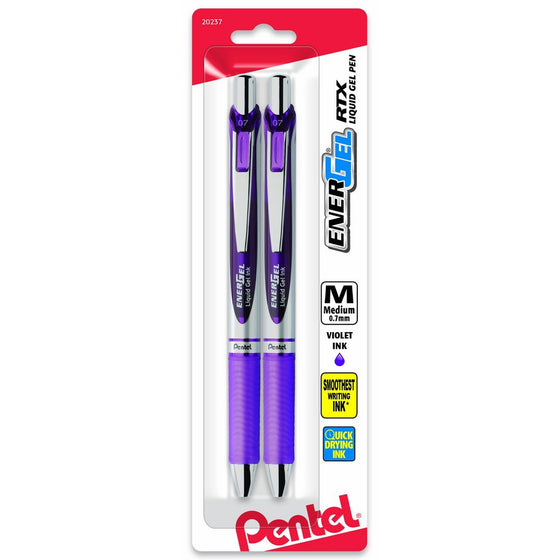 Pentel EnerGel Deluxe RTX Retractable Liquid Gel Pen, 0.7mm, Metal Tip, Violet Ink, 2 Pack (BL77BP2V)