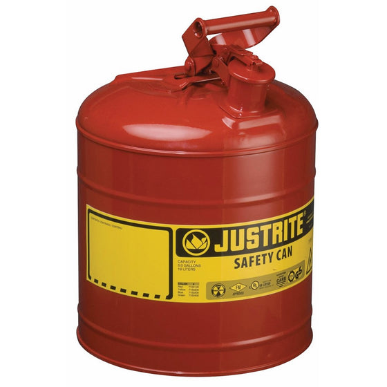 Justrite 7150100 Type I Galvanized Steel Flammables Safety Can, 5 Gallon Capacity, Red