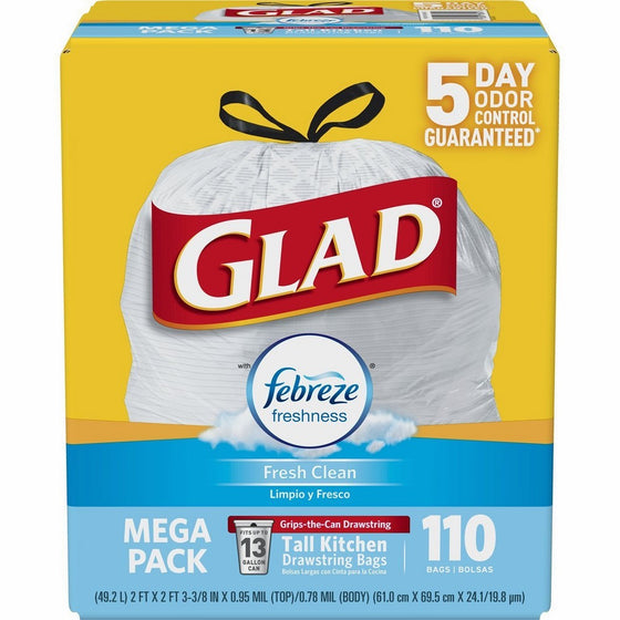 Glad OdorShield Tall Kitchen Drawstring Trash Bags - Febreze Fresh Clean - 13 Gallon - 110 Count