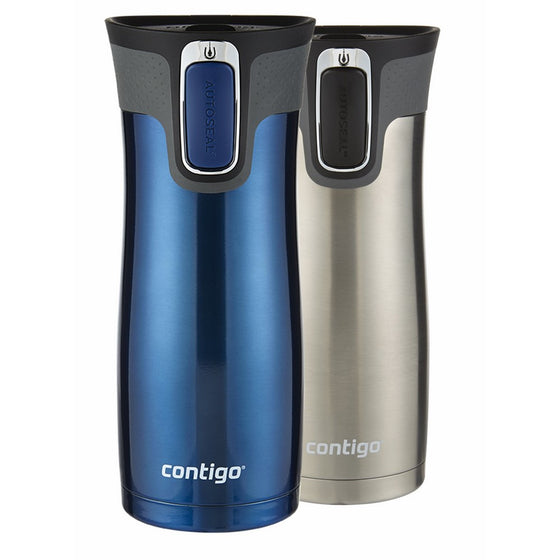 Contigo AUTOSEAL West Loop Stainless Steel Travel Mugs, 16 oz, Stainless Steel/Monaco Blue, 2-Pack