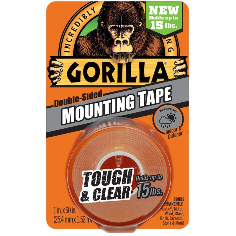 Gorilla Mounting Tape, Tough and Clear, Double-Sided, 1" x 60", Clear - 24 Pack