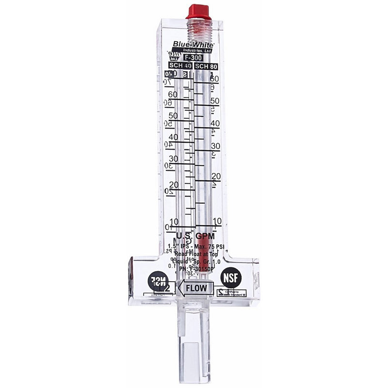 Blue-White Flowmeter for 1-1/2" PVC Pipe, Horizontal Installation