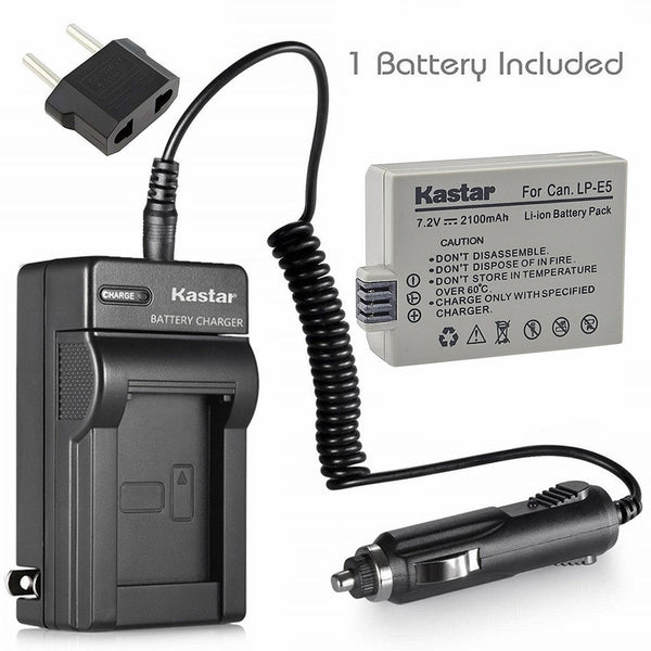 Kastar Battery and Charger with Car Adapter for Canon Digital SLR EOS Rebel XS, EOS Rebel T1i, EOS Rebel XSi, EOS 450D, 500D, 1000D, Kiss F, Kiss X2, Kiss X3 as Canon LP-E5 Battery