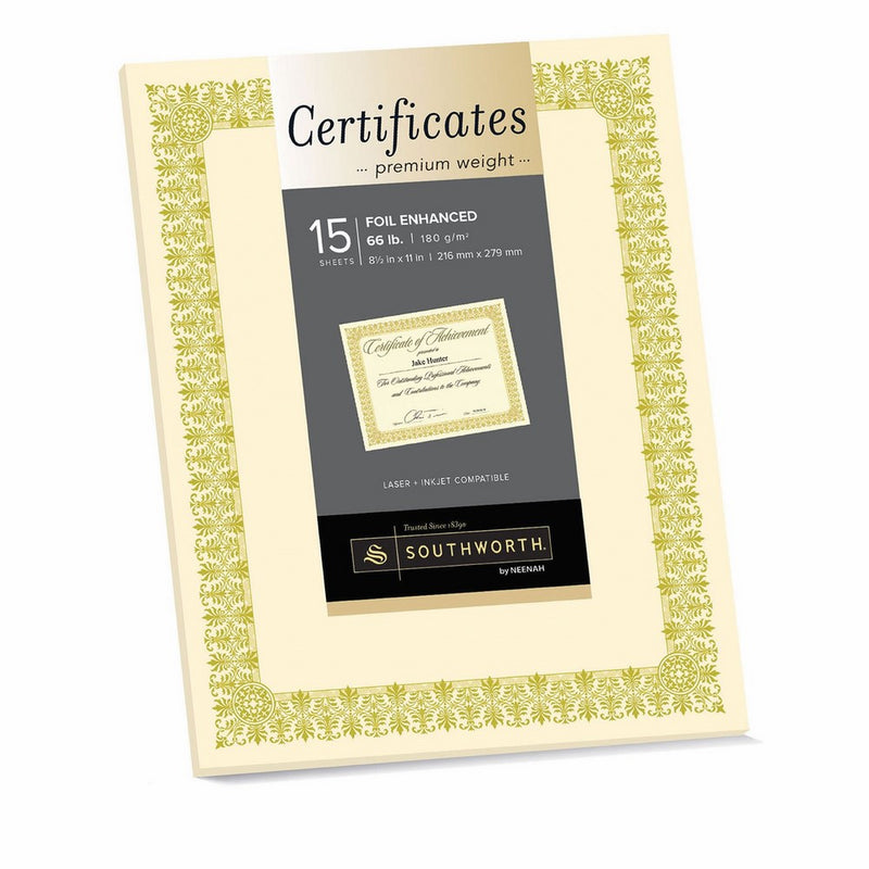 Southworth Foil Enhanced Certificate, 8.5” x 11”, 66 lb, White, Gold Fleur De Lis Design, Cardstock, 15 Certificates (CTP1V)