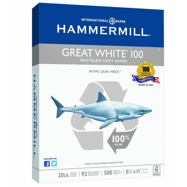 Hammermill Paper, Great White, 100% Recycled Copy Paper, 20lb, 8.5 x 11, Letter, 92 Bright, 500 Sheets/1 Ream (086790R) Made In The USA