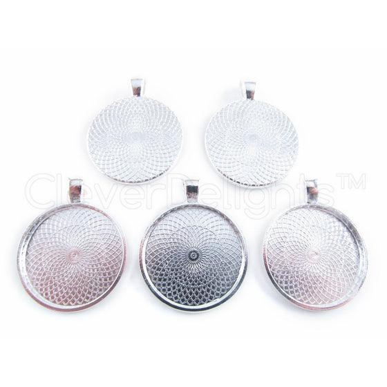 CleverDelights 50 Round Pendant Trays - Shiny Silver Color - 25mm 1" Diameter - Pendant Blanks Cameo Bezel Cabochon Settings - 25 mm 1 Inch