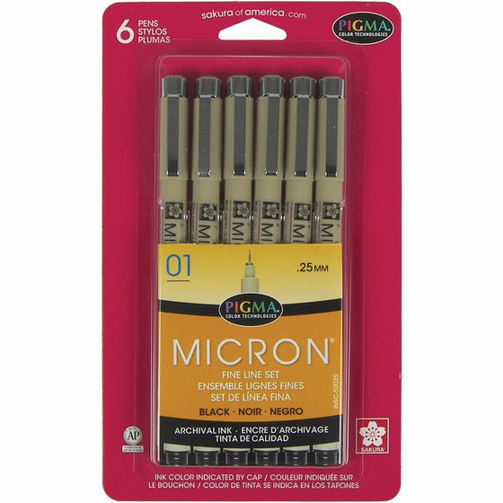 Sakura Pigma 50035 Micron Blister Card Ink Pen Set, Black, 01 6CT